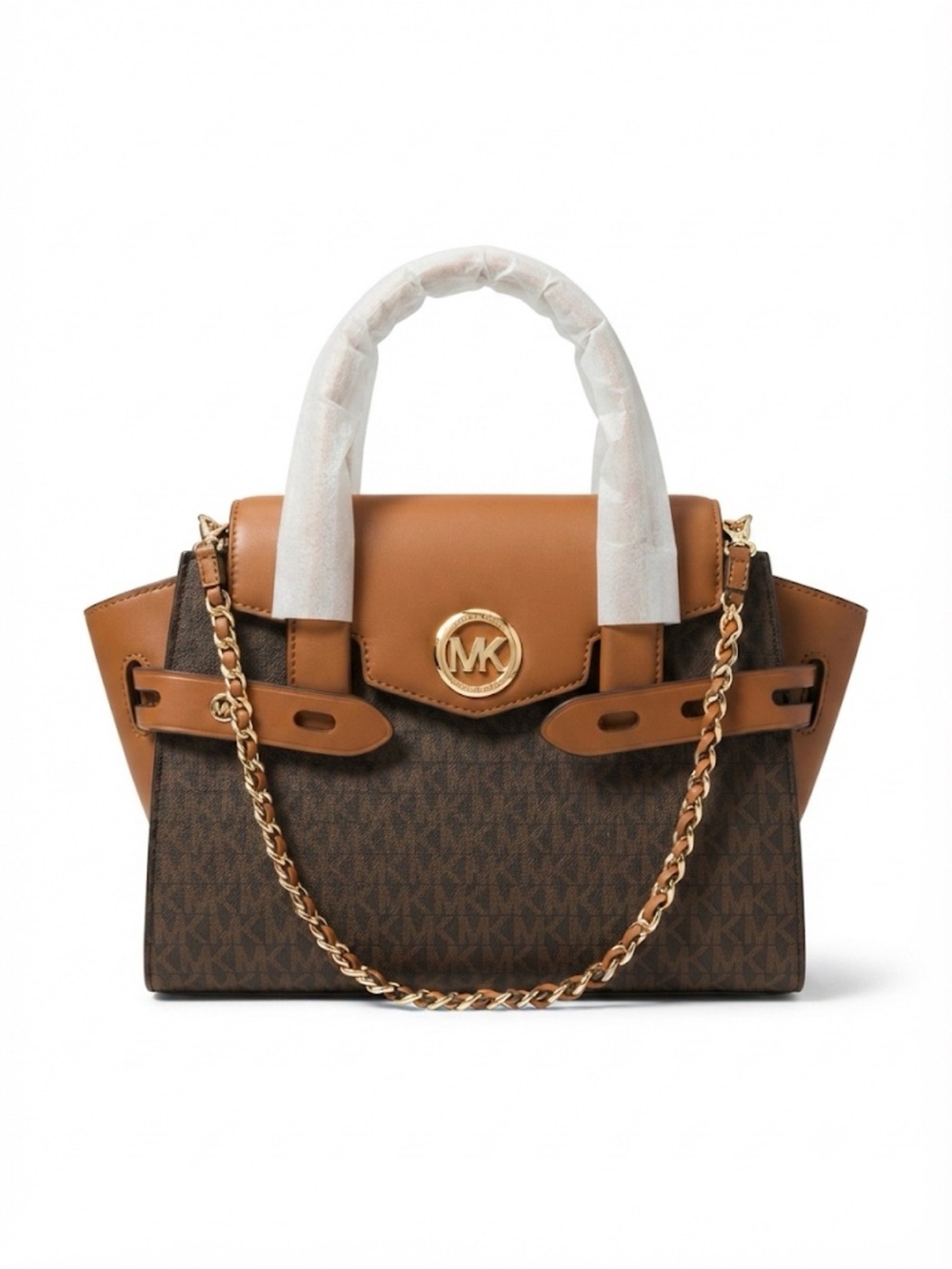 Michael Kors Brown and Tan Logo Satchel with Gold Chain